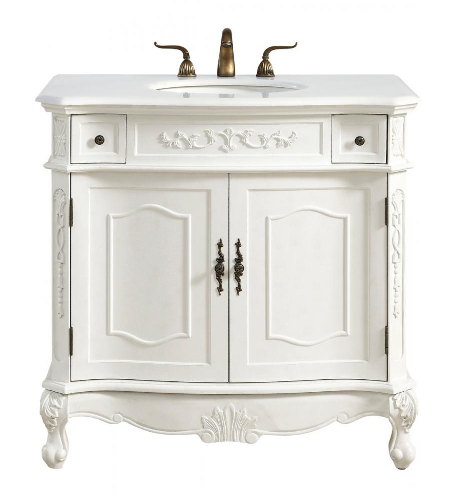 36 Inch Single Bathroom Vanity in Antique White with Ivory White Engineered Marble